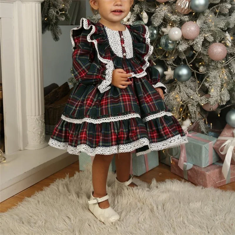 Blotona Little Girls Christmas Plaid Dress, Long Sleeve Round Neck Lace Patchwork Ruffle Dress with Big Bow Decoration, 1-7Years