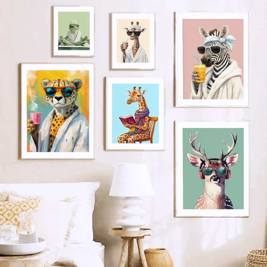 Playful Fashion Colourful Animals Canvas Painting Coffee Book Guitar Tiger Leopard Fox Funny Poster Bedroom Bathroom Decor