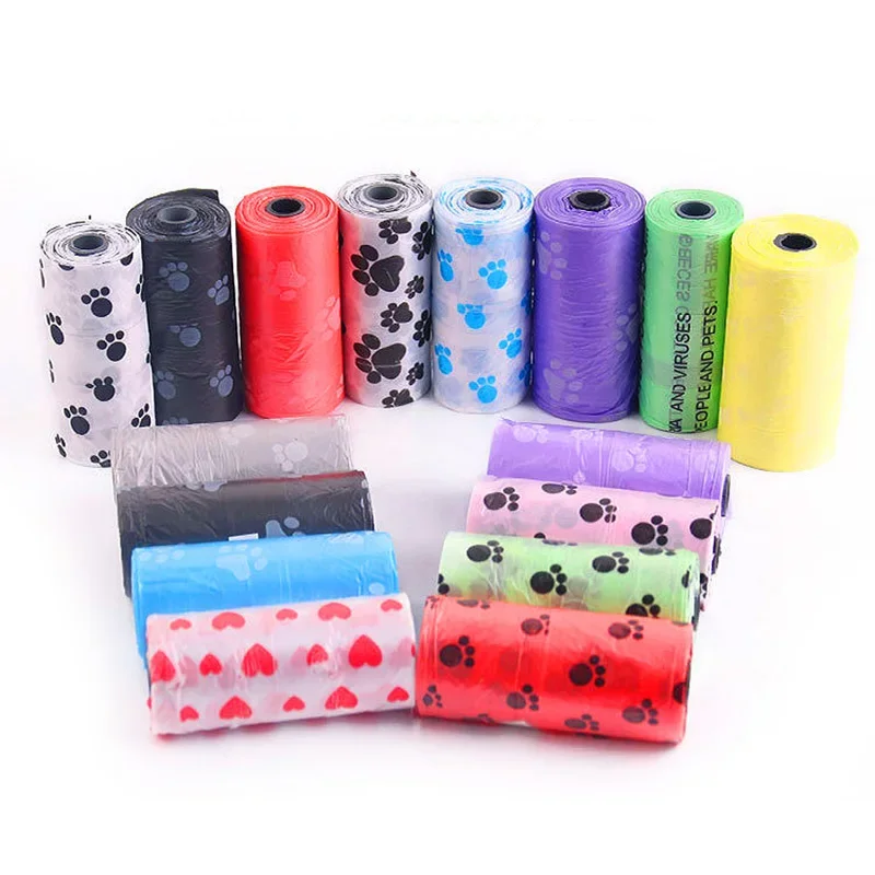 15pcs Per Roll Degradable Pet Dog Waste Poop Bag,Paw Print Printing Outdoor Cleaning Garbage Bag,Durable Friendly Pet Pooper Bag