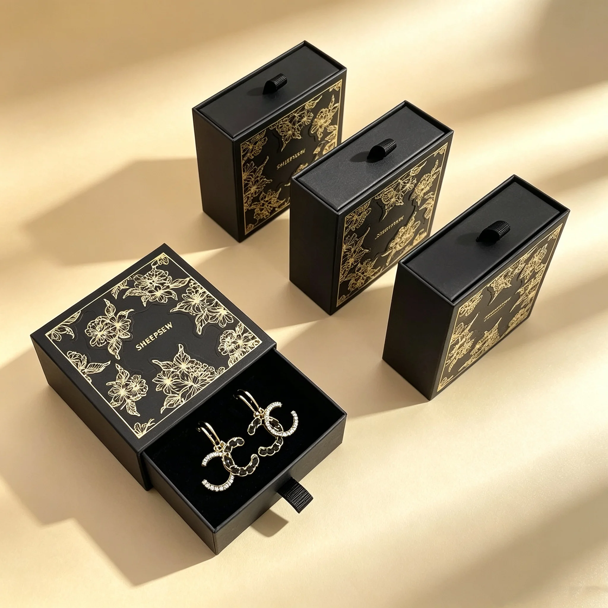 50pcs Sheepsew Luxury Custom Logo Black Drawer Bracelet Jewelry Box Packaging