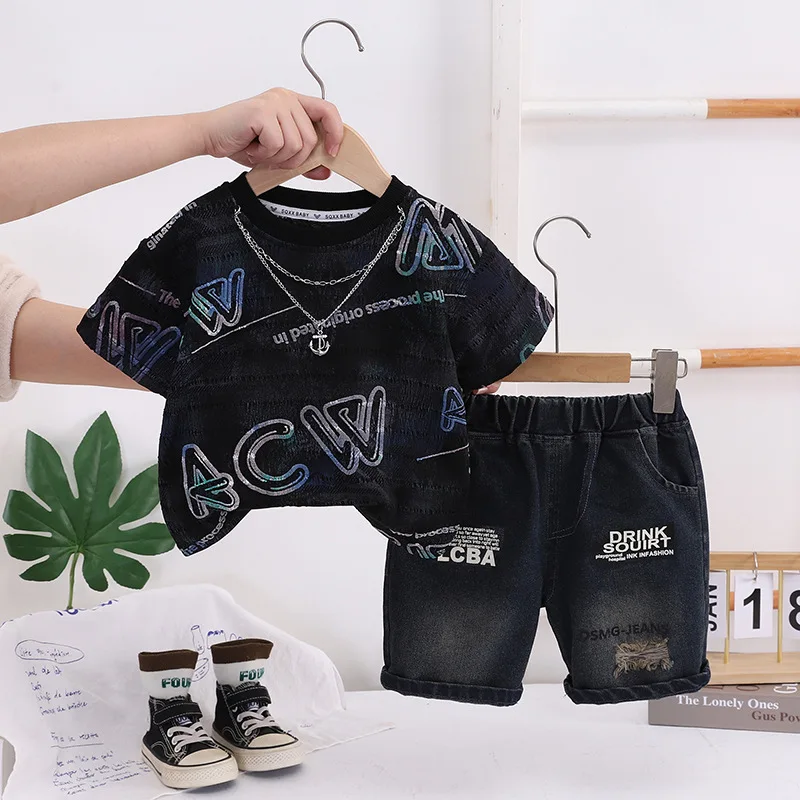 Kids 2PCS Clothing Sets 2026 New Summer Baby Boys Tie Dye Graffiti T-shirts and Denim Shorts Toddler Outfits Children Clothes