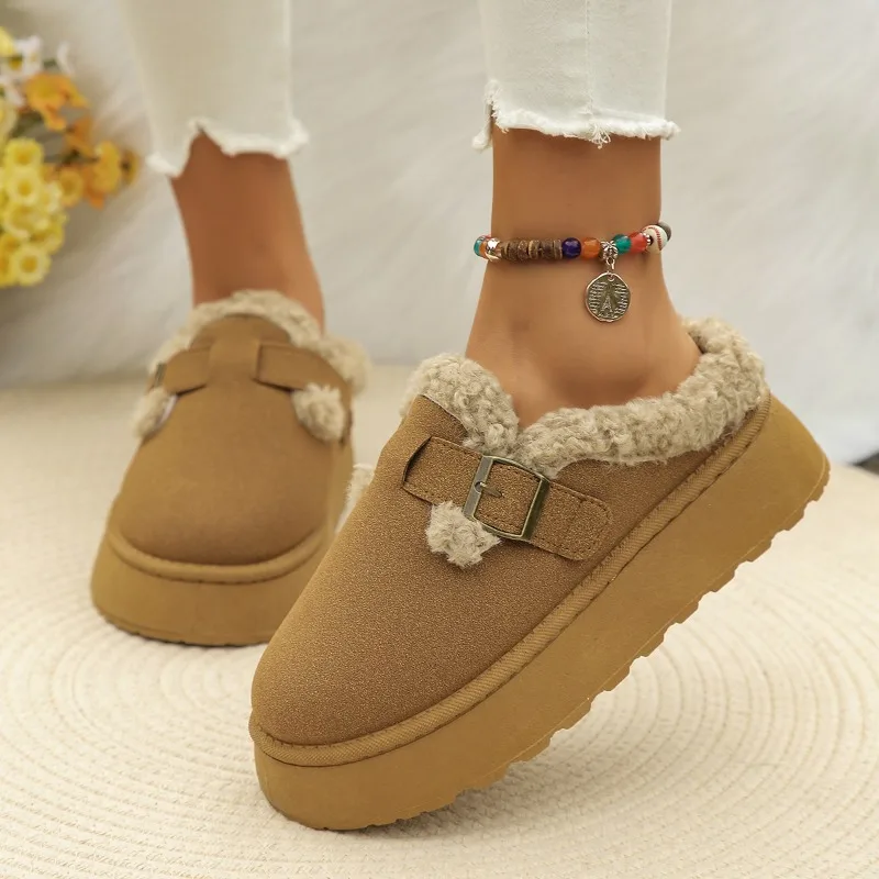 2024Fashion Plush Flat Shoes Women Suede Round Toe Solid Color Women Snow Boots Warm Flat Non-slip Women Ankle Boots Botas Mujer