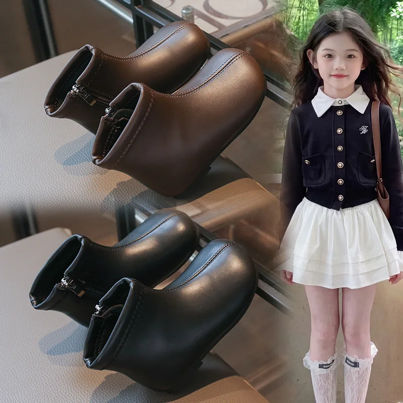 Girls Fashion Boots Autumn Winter New Children's Short Boots Princess Non-slip Soft-soled PU Leather School Student Footwear