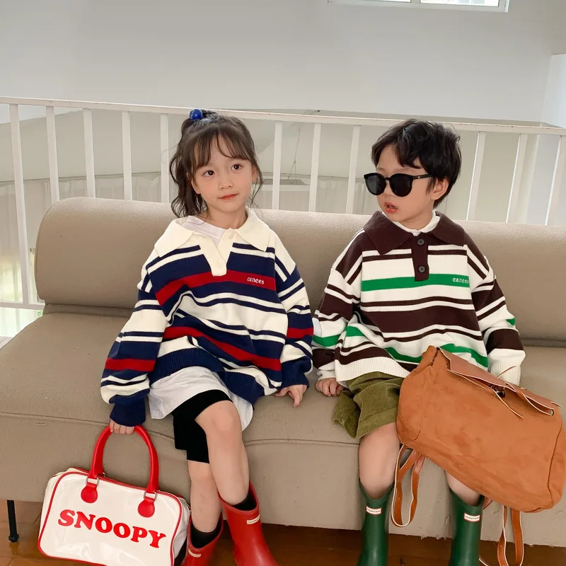 

Sweater Autumn 2022 Boys and Girls' Korean Stripe Contrast Sweater Children's Polo Loose Knitted Top