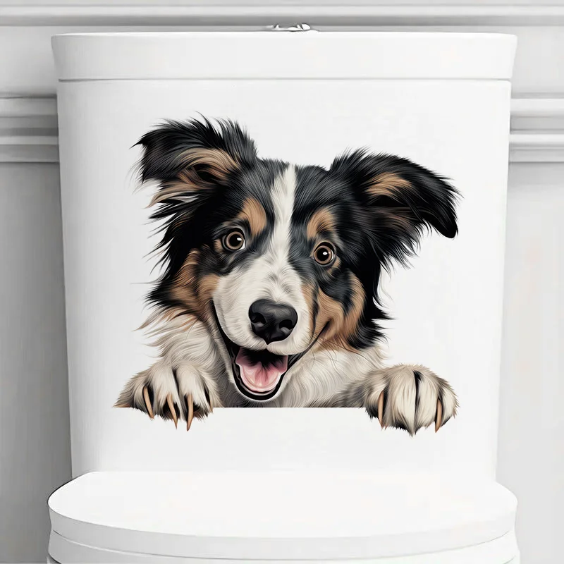 DK122# Cheerful Border Collie Dog Self-Adhesive Toilet Stickers,Wall Decal Removable, Vinyl Car Sticker for Bathroom Decor
