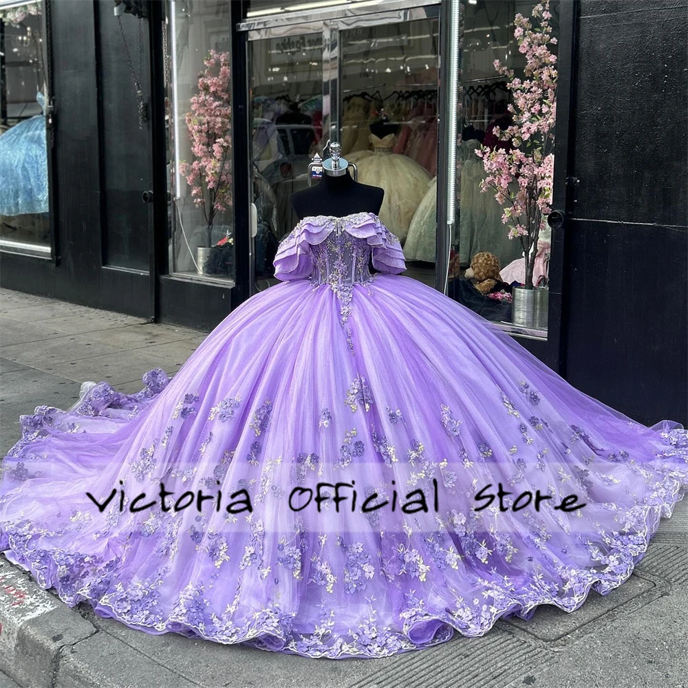 Lavender Ruffel Off The Shoulder Quinceanera Dress Lace Applique Sweet 15 Year Girl Birthday Party Dress Vestido De Quinceañera