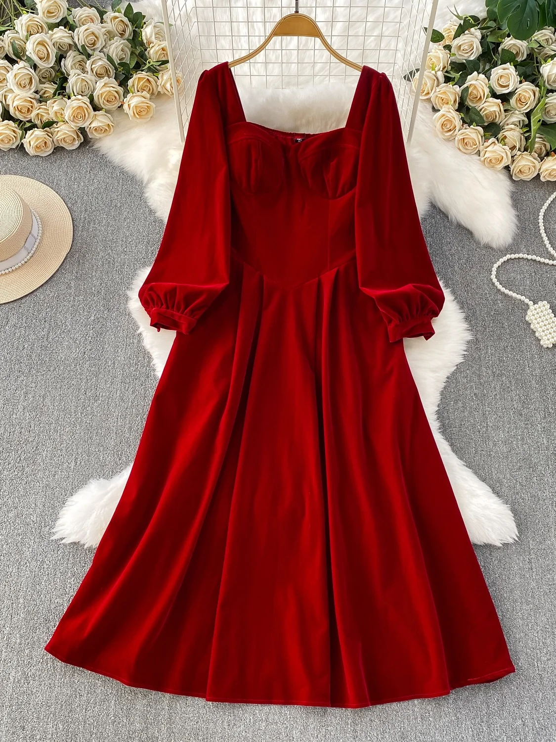 Ele cuello cuadrado linterna Sve Dr mujer Otoño Invierno boda Dr adelgazante largo Dr cintura alta A-Line falda