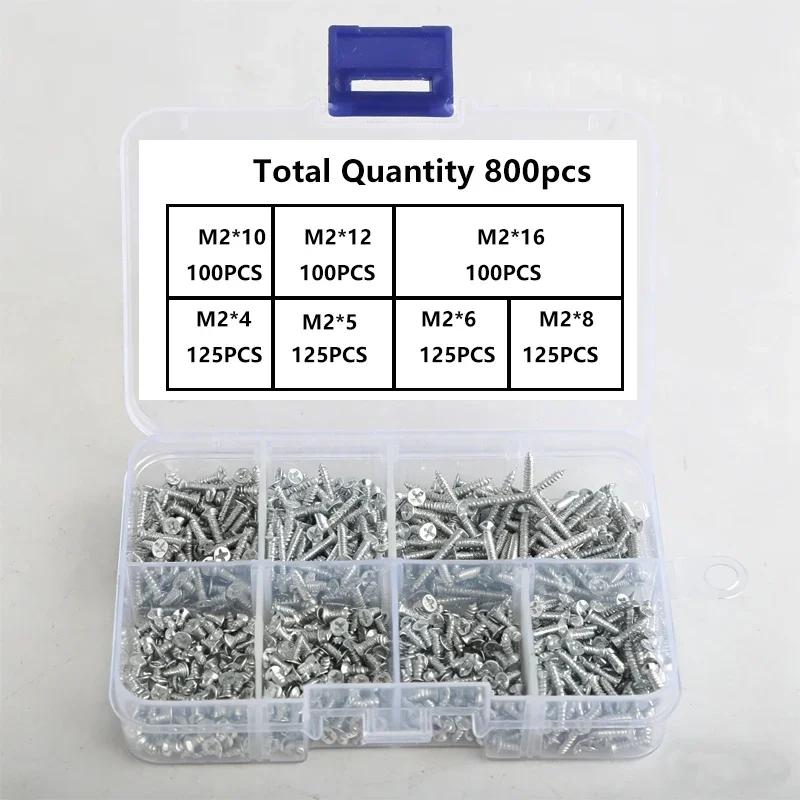 800 Pcs M2 Flat Head Self Tapping Screws, Small Cross Drive Head Self Tapping Woodworking Fastener Screws, Carbon Steel Self Dri