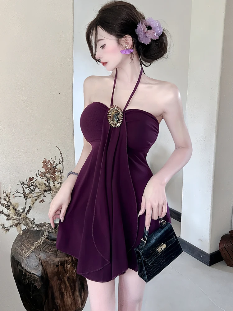 Damska Fioletowa Elegancka Sukienka Mini z Diamentami, Seksowna Sukienka na Szyję, Letnia Elegancka Luksusowa Suknia, Nowa Koreańska Sukienka Bodycon na Urodziny 2025