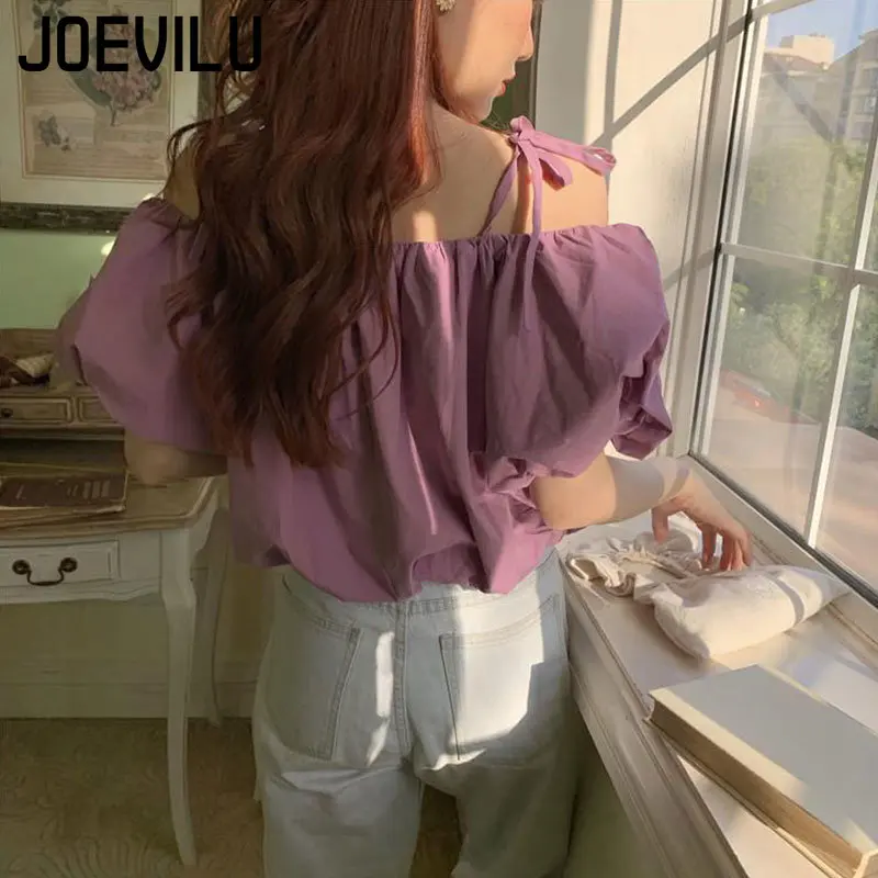 JOEVILU-Tops cortos de manga abombada para mujer, blusas sin espalda con hombros descubiertos, camiseta de moda coreana, ropa de calle informal,