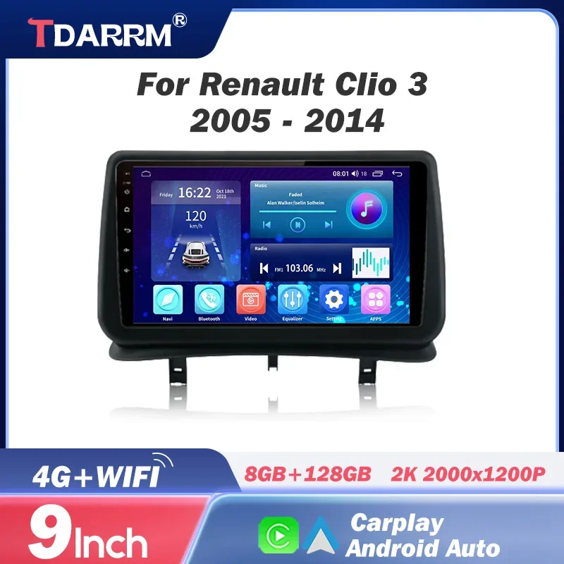 For Renault Clio 3 2005 - 2014 2K QLED Android 13 Car Radio Multimedia Video Player GPS CarPlay 4G Navigation stereo DSP