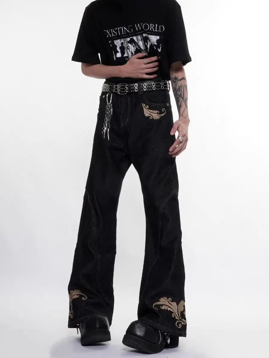 Men's Vintage Embroidered Micro Horn Jeans Retro Pants Street Boys Bottoms High Waist Sweatpants Male Wide Leg Trousers
