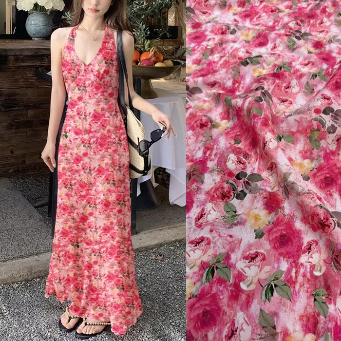 Vibrant Pink Ditsy Floral Print Silk Stretch Crepe De Chine Fabric Mulberry Silk Material For Dresses Blouse