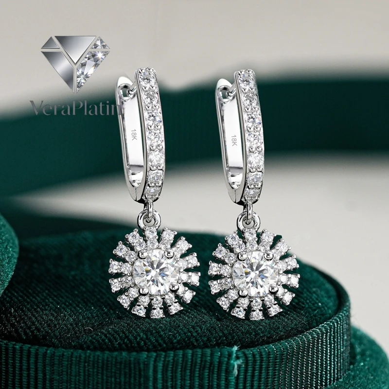 

Серьги-подвески VeraPlatin PT950 из белого золота 18 карат с муассанитом 0.5/1 карат в форме подсолнуха, подарок на День святого Валентина/день рождения для женщин/девушек