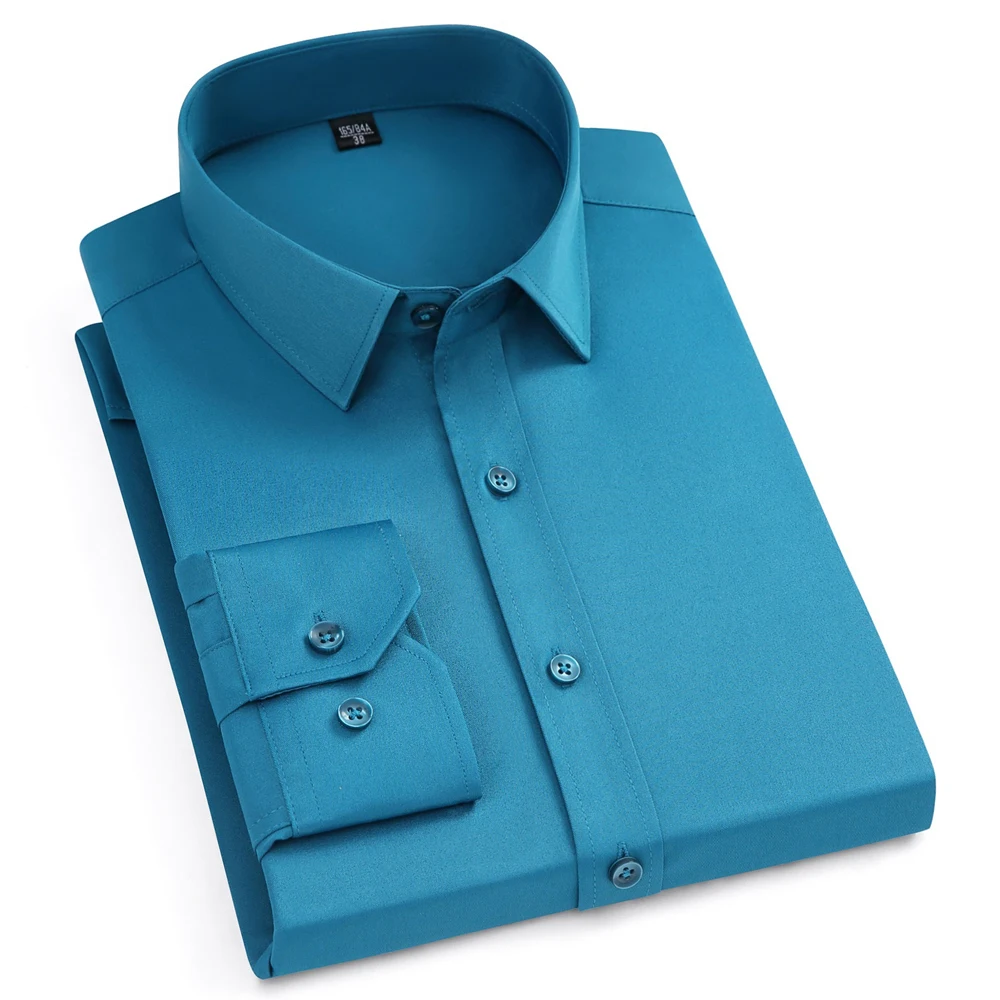 Long-Sleeved Silk-Like Dress Shirt for Men - Stretchy, Iron-Free Easy Care - Machine Washable, All-Season, Weekend Casual Wear