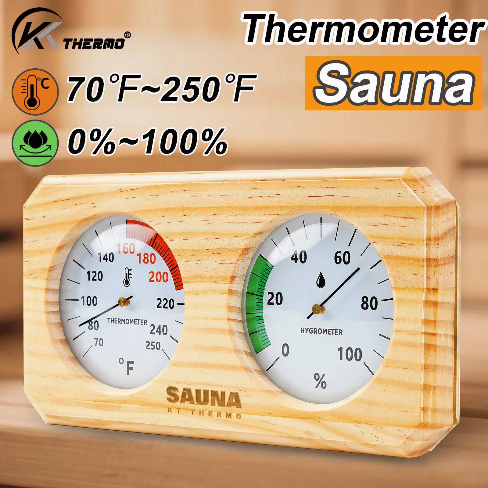 

Wooden Sauna Thermometer Hygrometer 70-250°F 0-100% Humidity Gauge for Steam Room Spa Bath Indoor Temperature Monitor