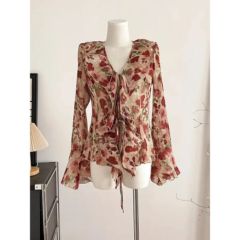 

Spring and Autumn Waist Chiffon Shirt Feminine Versatile Floral V-Neck Tie Bell Sleeve Cardigan