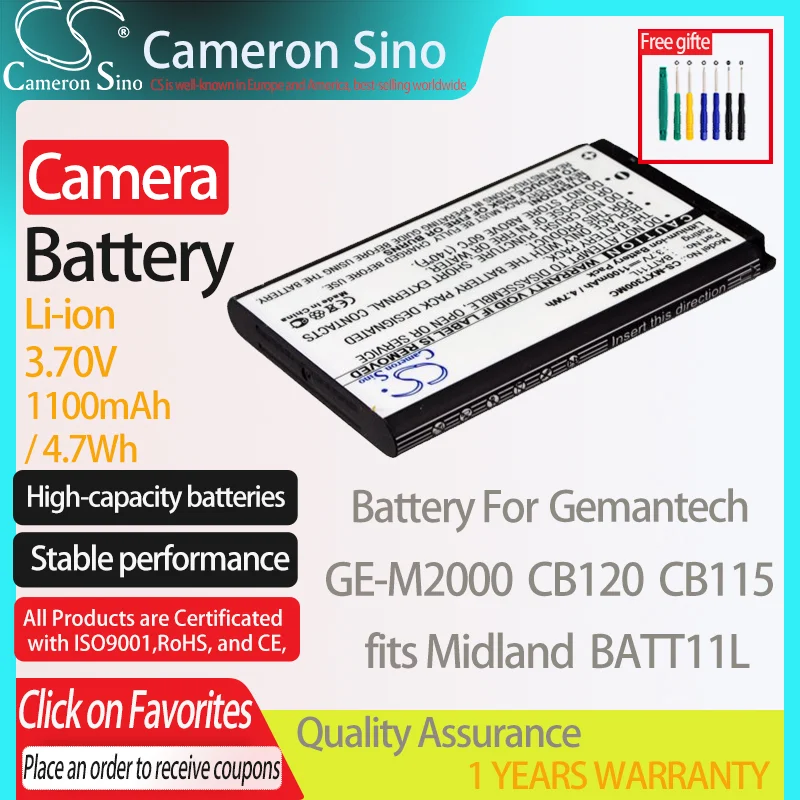 CameronSino Battery for Gemantech GE-M2000 CB120 CB115 fits Midland BATT11L camera battery 1100mAh/4.7Wh 3.70V Li-ion Black