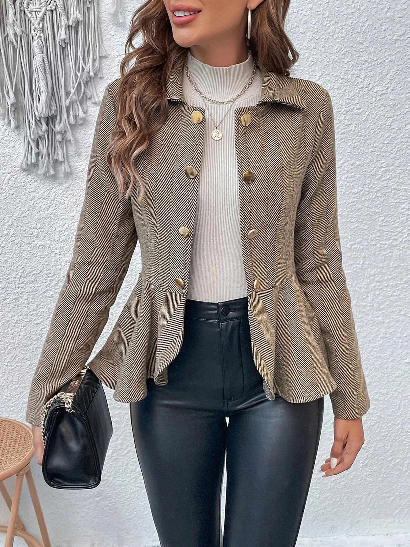 Women Blazer Double Breasted Ruffled Suit Slim Fit Padded Shoulder Coat Elegant