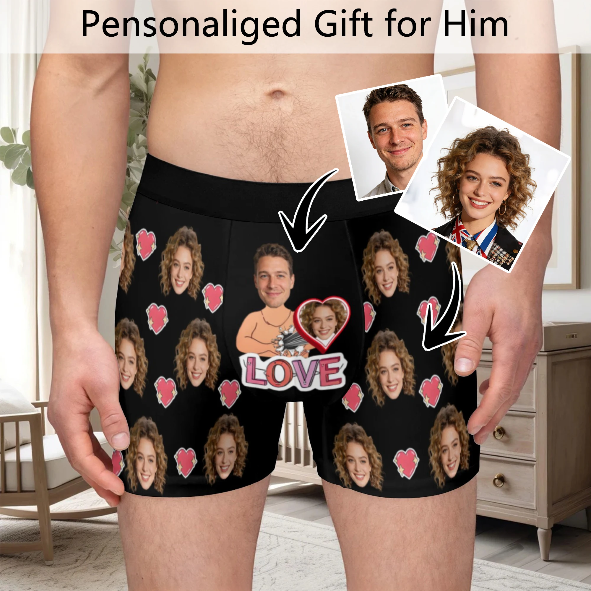

Personalized Face Photo Underwear Custom Heart Boxer Briefs Custom Men Valentine's Day Gift For Husband Anniversary