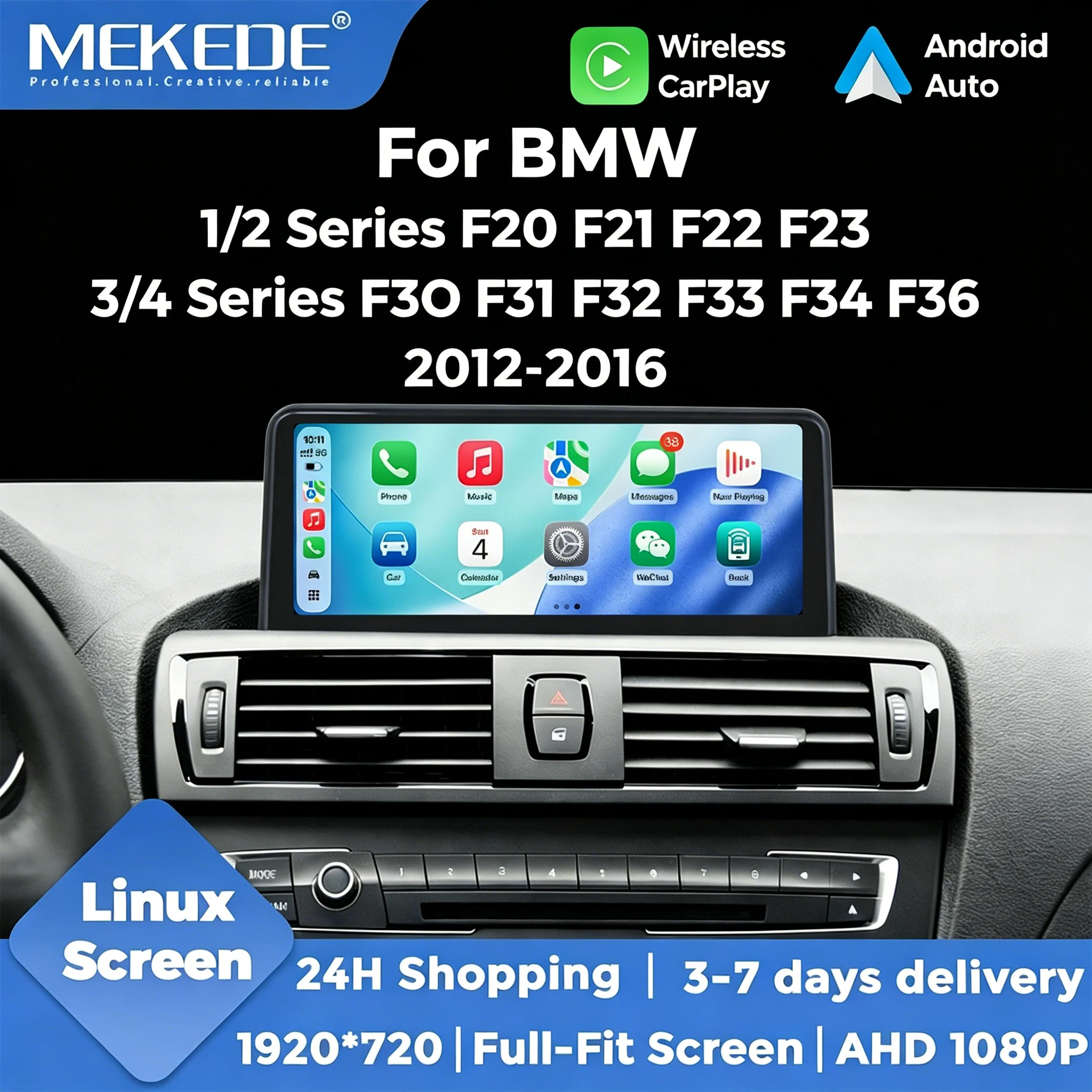 Système intelligent de voiture Android 14 sans fil CarPlay Auto pour BMW Série 1/2 F20 F21 F23 Série 3/4 F30 F31 F32 F33 F34 F36