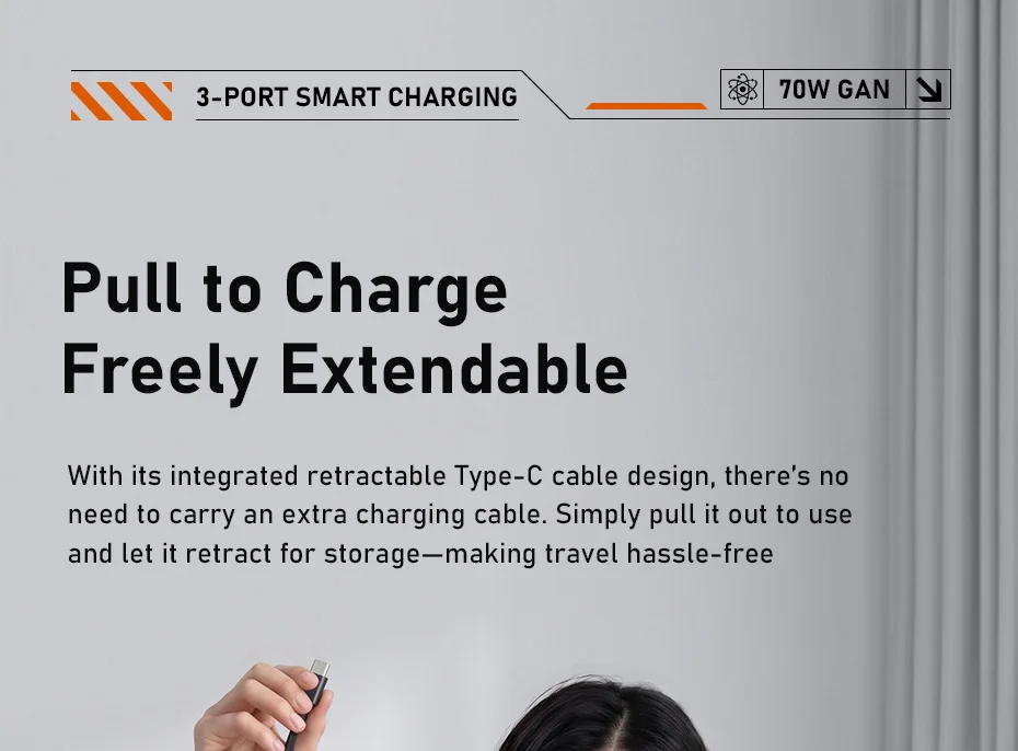 Hagibis 70W GaN USB-C Charger with Retractable Cable and Display