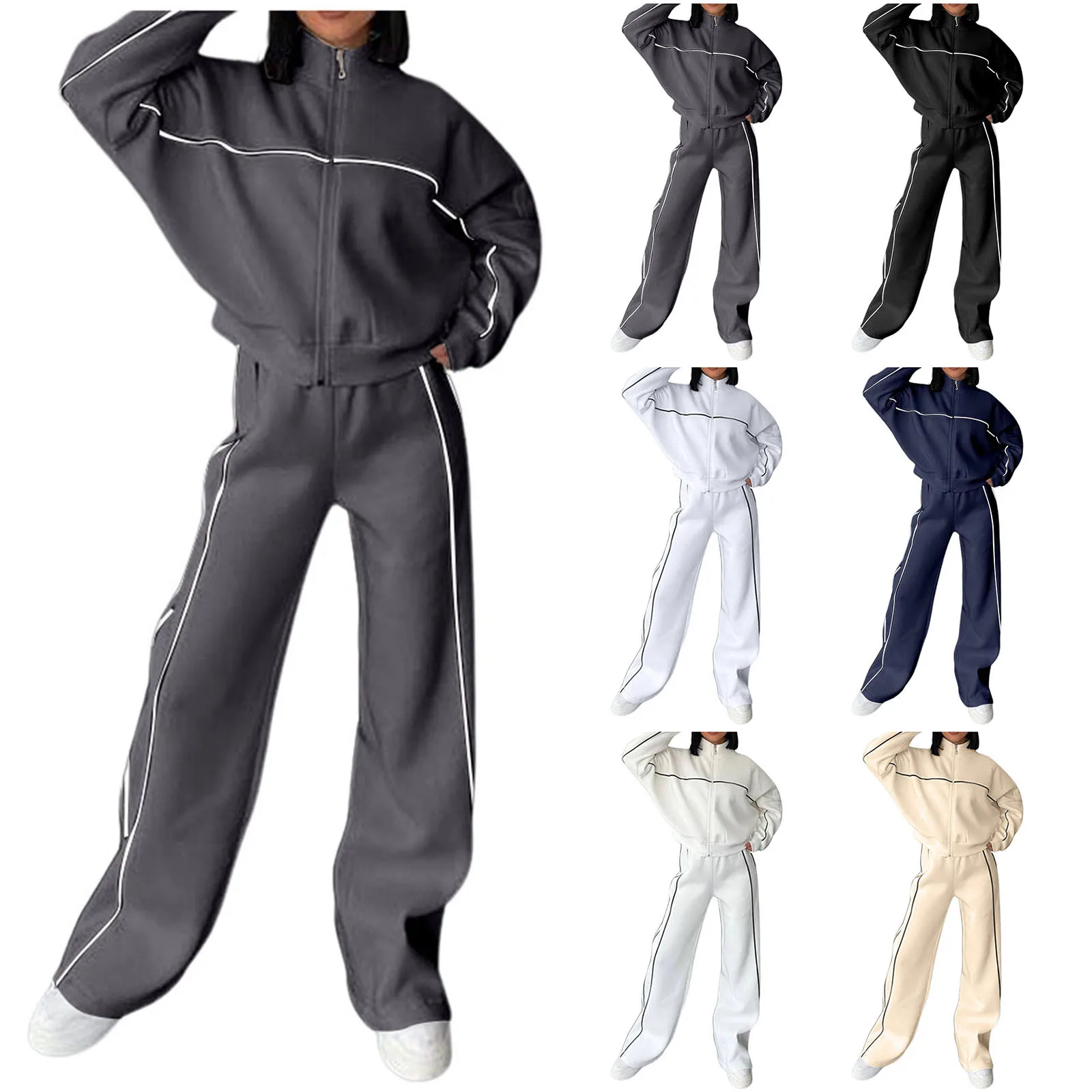 Sweatsuits For Women Autumn Winter 2 Piece Outfits Korean Trendy Standcollar Stripe Zipper Sweatshirt Jogger Pants With Pockets