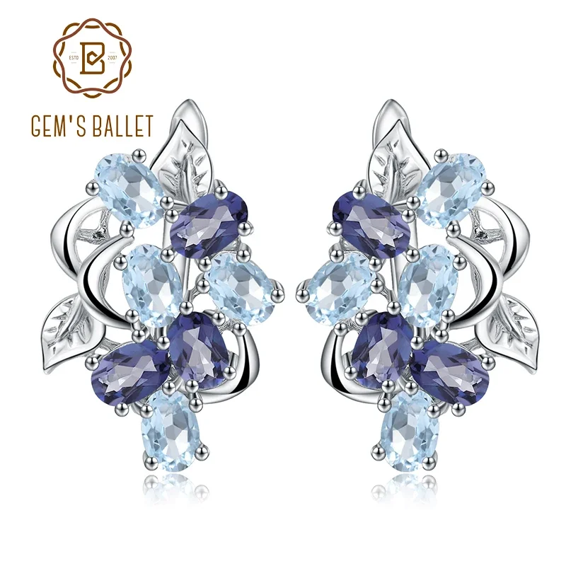 GEM'S BALLET Multicolor Natural Sky Blue Topaz Mystic Quartz Stud Earrings 925 Sterling Silver Flower Earrings For Women