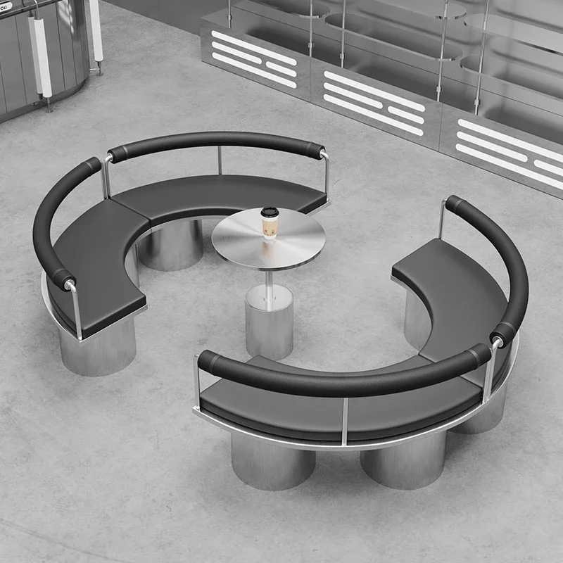 Industrial style bar, semi-circular curved booth sofa, coffee shop lounge area stainless steel table and chair combination