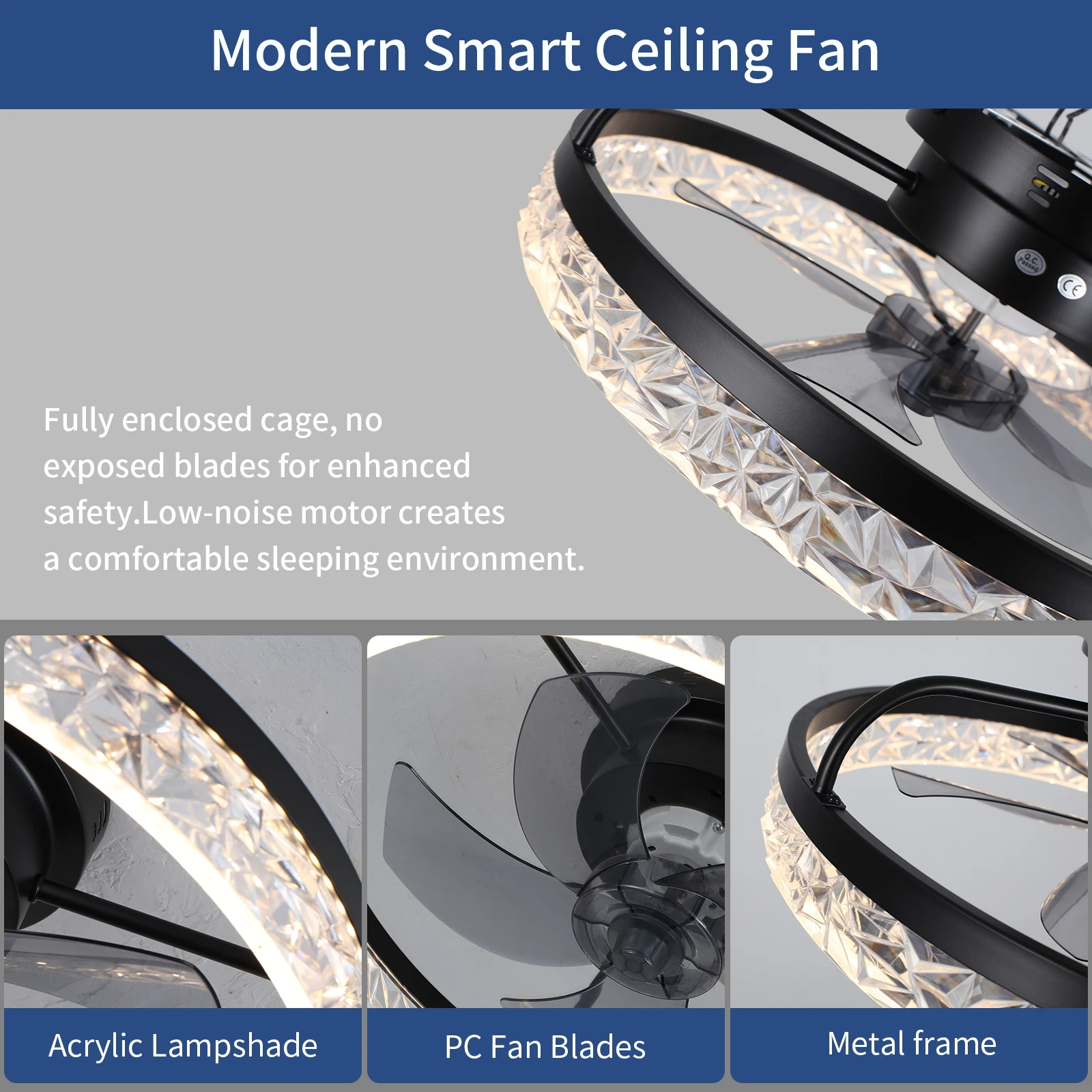 Diamond Cut Acrylic Fan Lamp Dual Color Infinite Dimming Remote Control with Memory Function Black Transparent ABS Fan Light