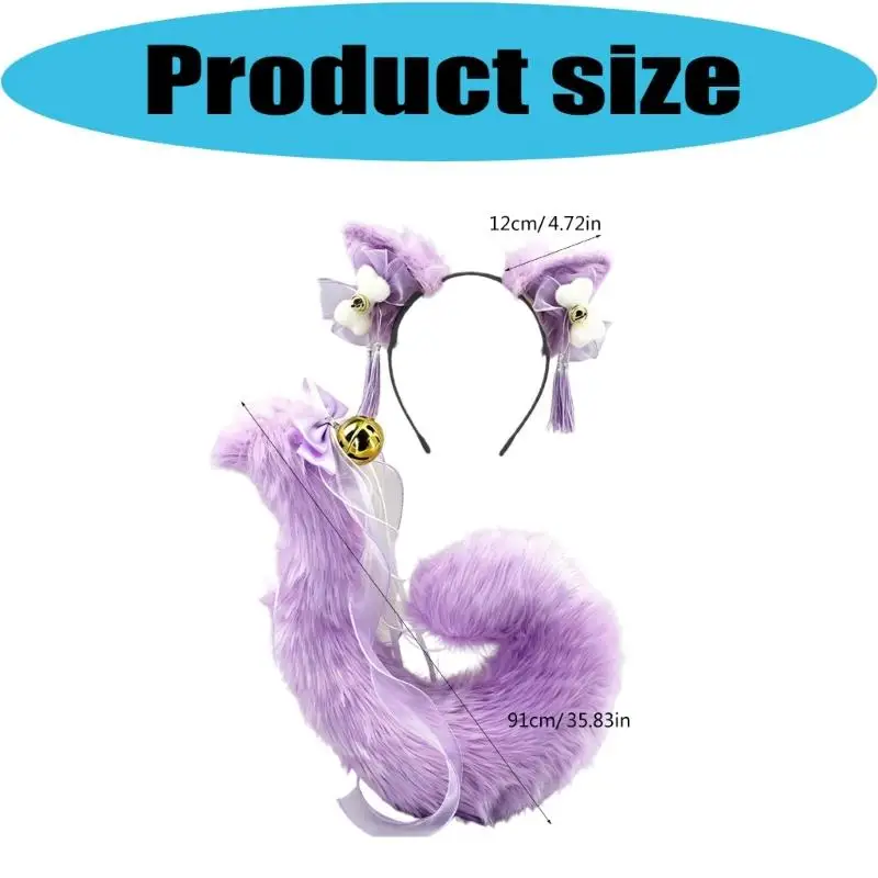 A52E Anime Cosplay Requisiten Katzen Ohren und Schwanz Set Plüsch Pelzigen Ohren Hairhoop mit Schwanz – Detail 6