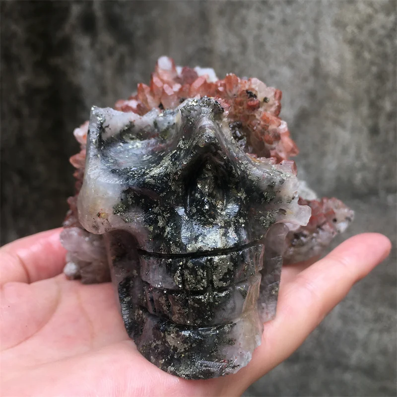 818g Rare Natural Red Crystal Quartz Pyrite Symbiotic Cluster Carved Big Skull Reiki Healing Mineral Carving Energy Home Decor