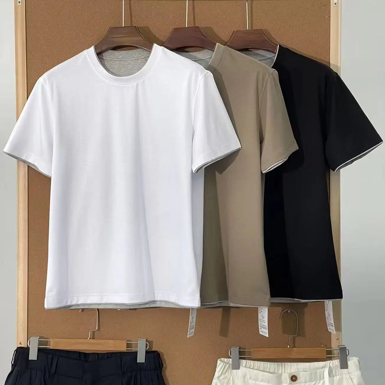 

Breathable highly elastic skin-friendly men's T-shirt linen blend faux two-piece stitching round neck short sleeves