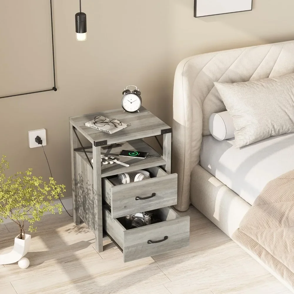 

Nightstand with Charging Station, Gray Side Table with 2 Drawers Storage, Bedside Tables