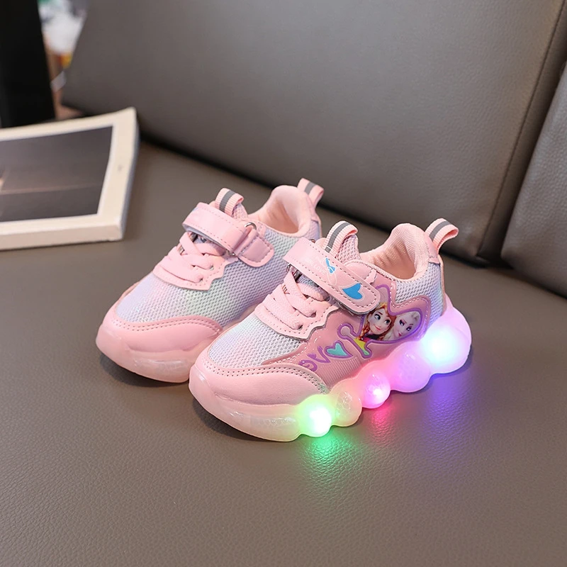 New Fashion Disney Cartoon Frozen Elsa Girls LED Light Shoes Kids Children Casual Spring Autumn Baby Sport Sneakers Flash Shoes