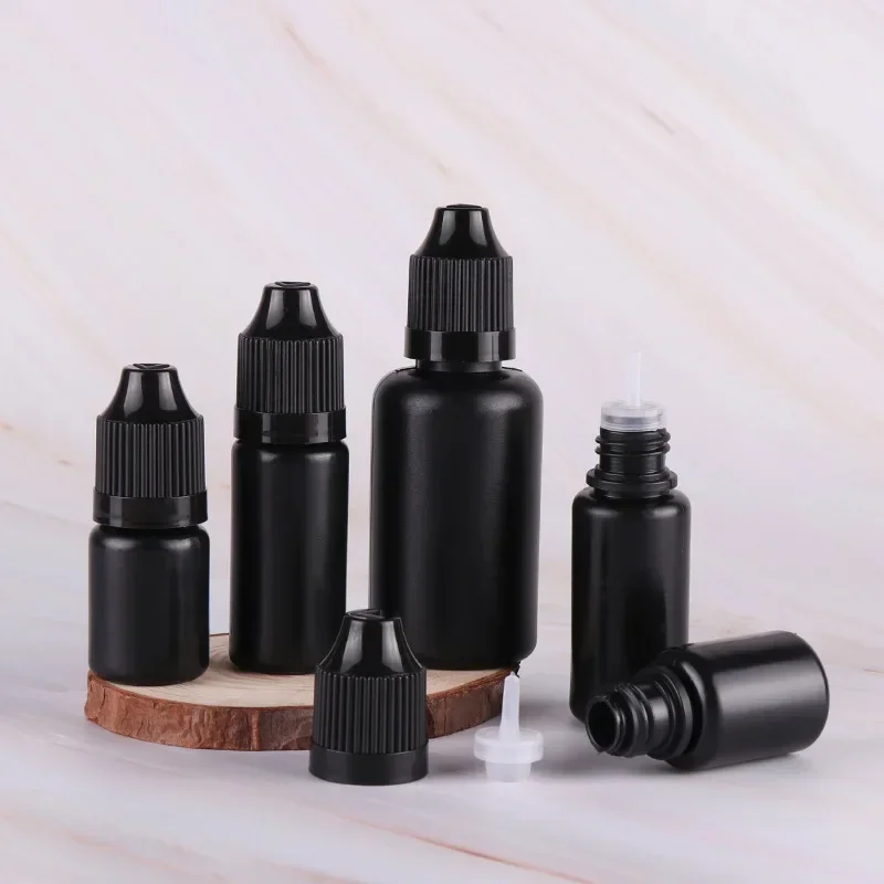 

50pcs 5ML 10ML 15ML 30ML Black PE E Liquid Bottle Easy to Squeeze Plastic Dropper Vials With Childproof Caps And Long Thin Tips
