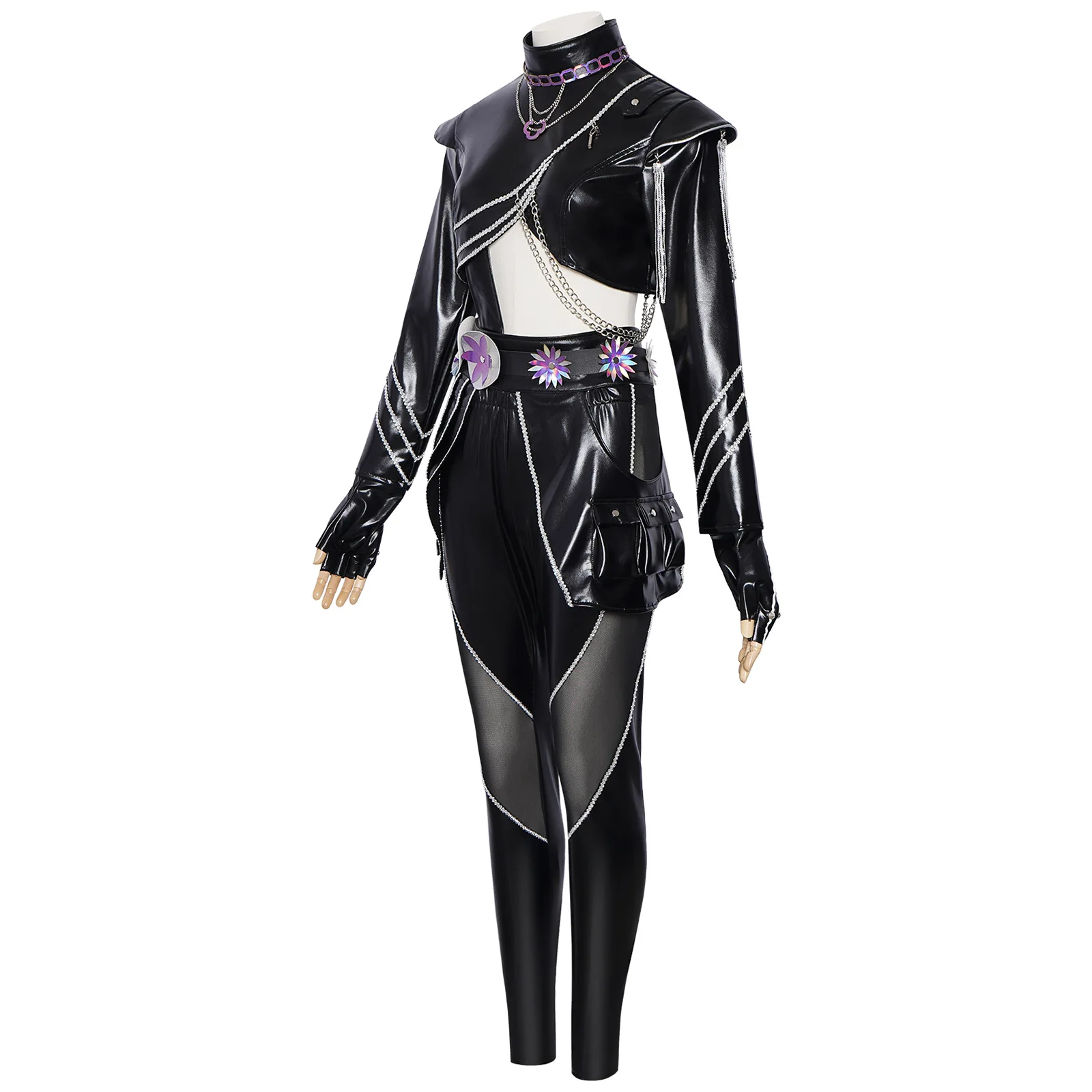 Kpop Outfits Women Black Purple PU Leather Set Y2K Cyberpunk Streetwear Sexy Mesh Patchwork Jazz Dance Performance Costume view 3