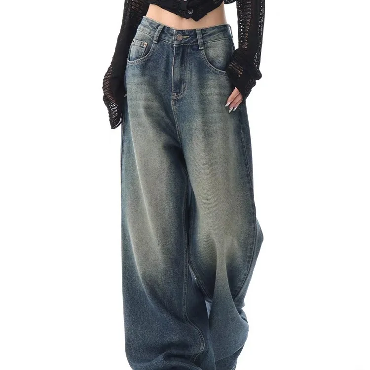 

Harajuku Streetwear Retro Fashion Autumn Women High Waist Jeans Loose Wide Leg Straight Loose Denim Trousers Pant