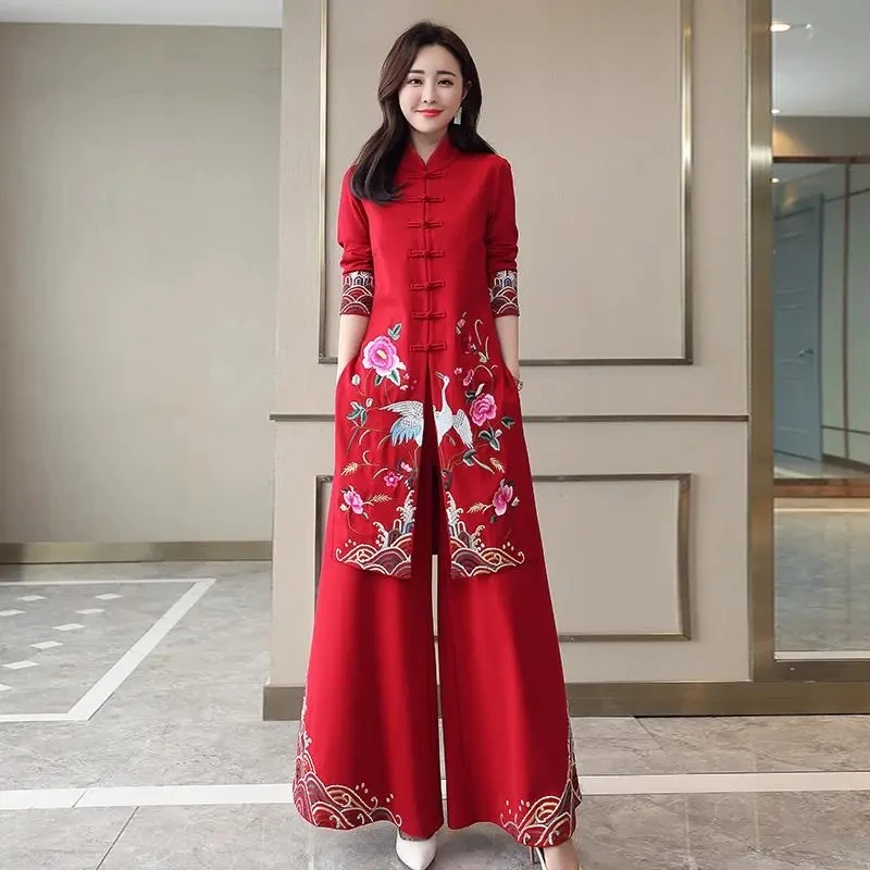 Long Ethnic Style Cheongsam Set Spring and Autumn Drop Feel Wide Leg Pants Mom Retro Slim Straight Tube Embroidery Two Piece Set