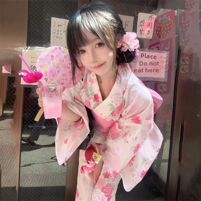 كيمونو تقليدي وردي فاتح فتاة أسطورية يابانية Sle نسخة محسنة كيمونو دكتور الألعاب النارية مهرجان الملابس النسائية