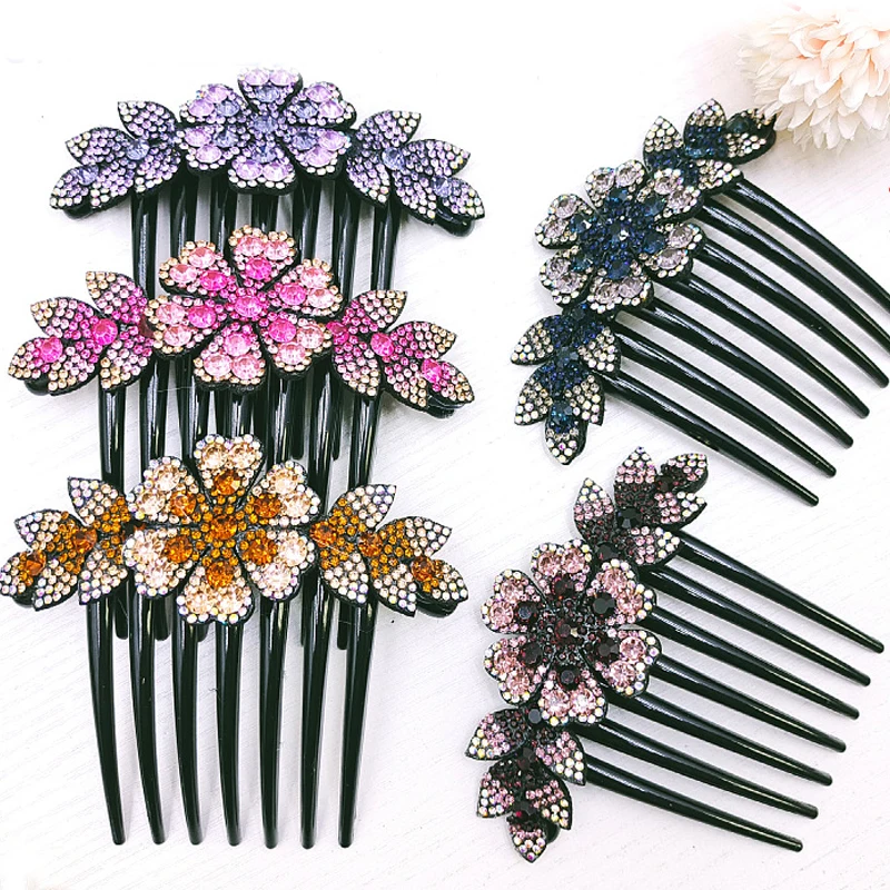 Vintage Flower Crystal Hairpins Fashion Hair Maker Bun Hair Combs Plastic Shiny Rhinestone Hair Clips for Women Hair Accessories