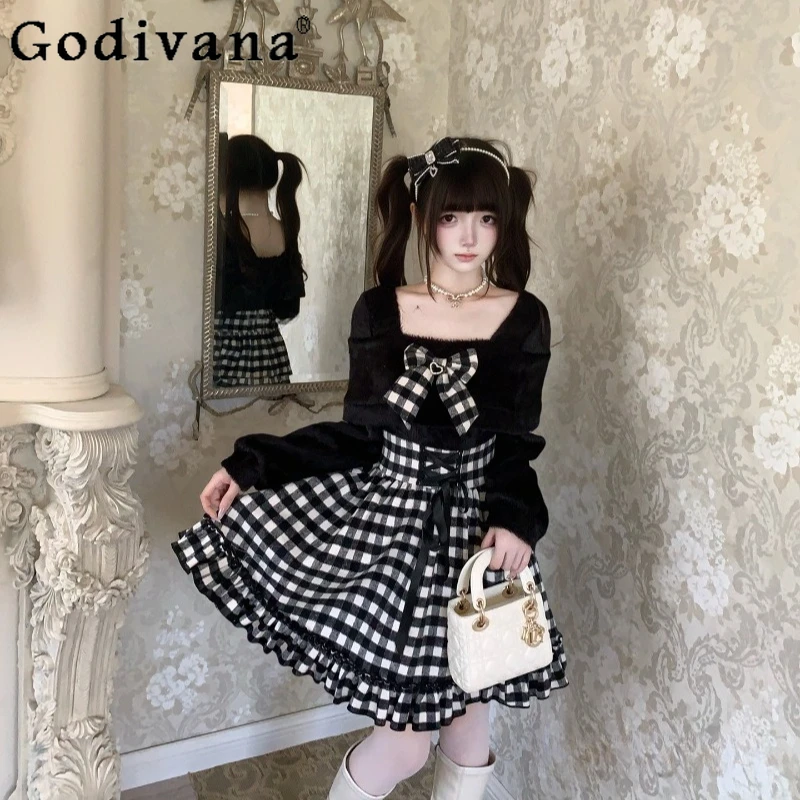

Black Plaid Plush Spliced Dress for Ladies Autumn Winter Lace Japanese Style Sweet Dress Women's High Street Lolita Dress