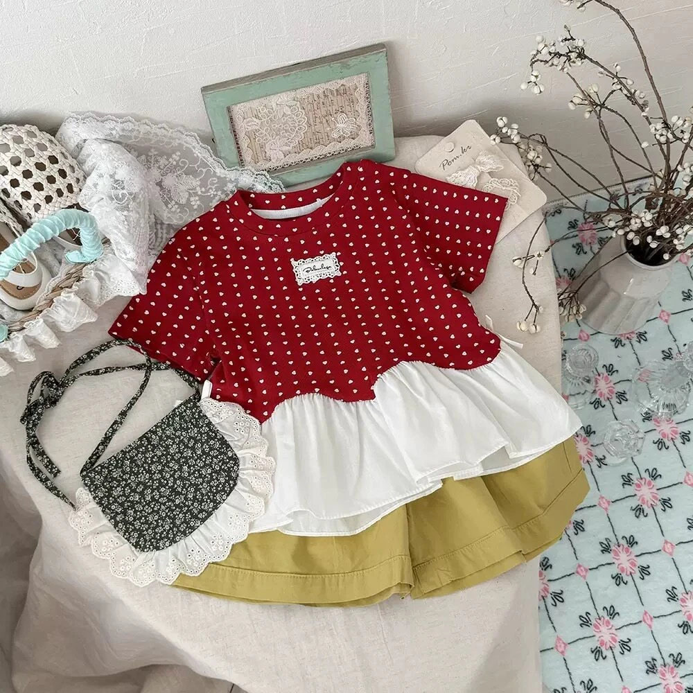 Bear Leader Korean Version Fashionable Sweet and Cute Round Short Sleeved Bow Polka Dot Top New Summer Girls Clothing for 2-6Y