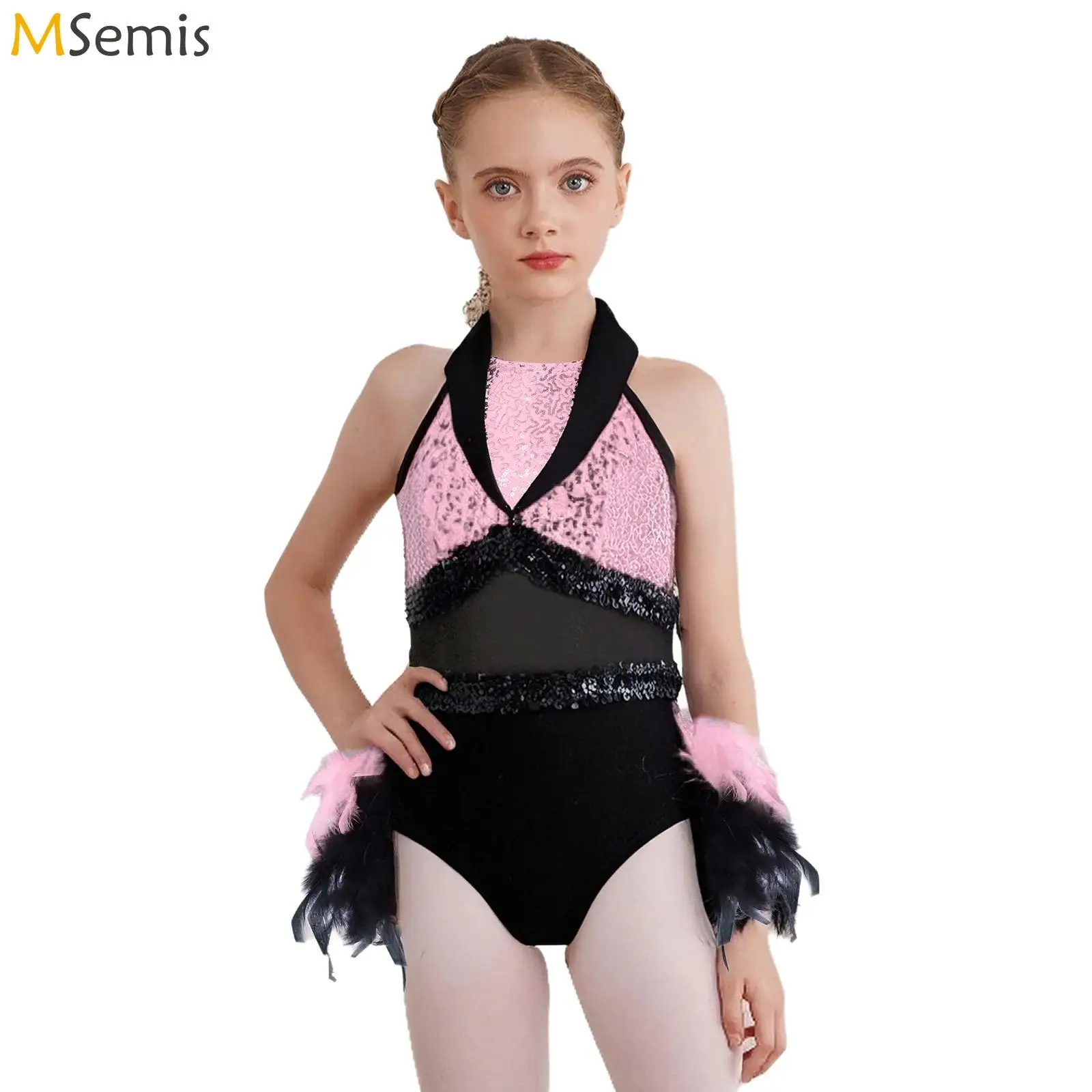 

Kids Girls Gymnastics Jazz Latin Dance Dress Performance Costume Sheer Mesh Shiny Sequins Ballet Tutu Feather Leotard Dancewear