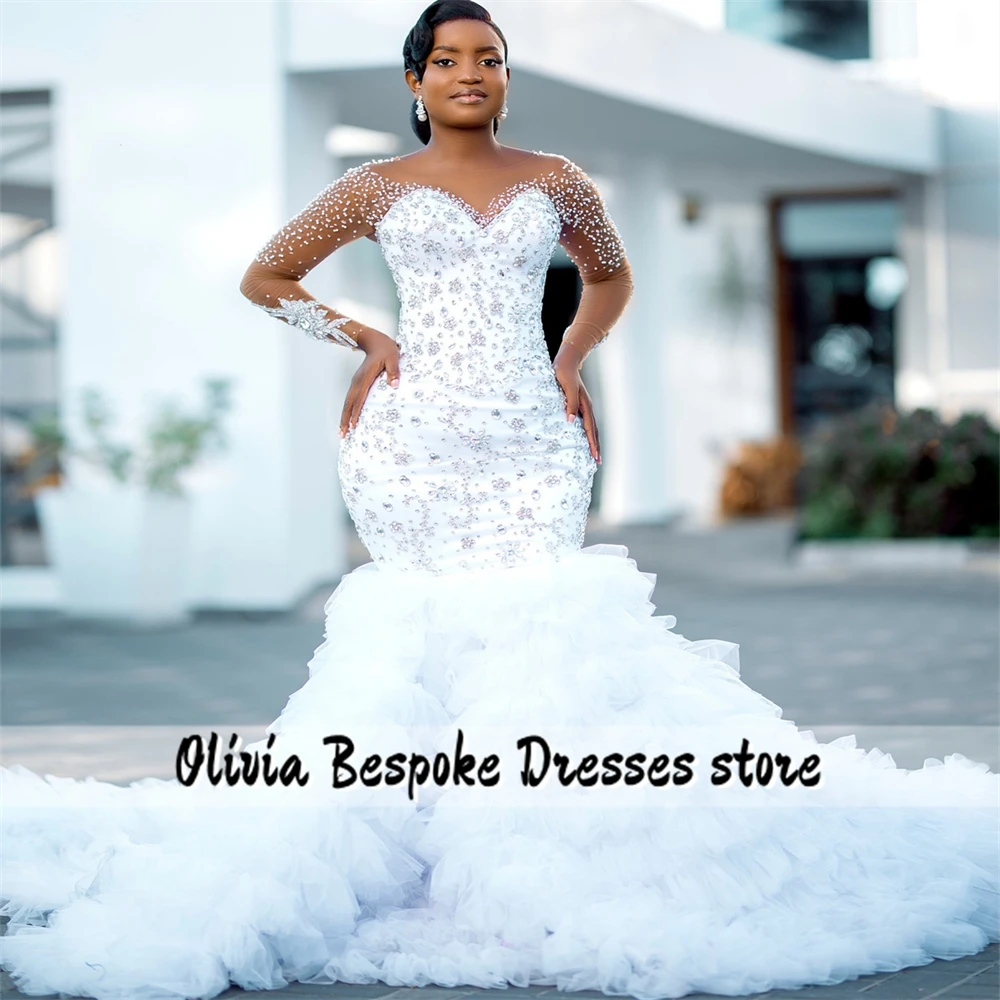 Notevole perline strass abito da sposa maniche lunghe tulle increspato treno Aso Ebi sirena abito da fidanzamento africano personalizzato