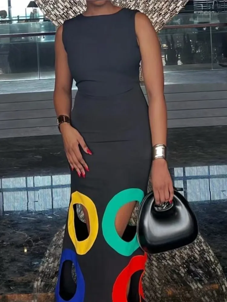 Fashion O-neck Sleeveless Waist Dress For Women Elegant Spring Summer Slim Fit Hollow Positioning Printing Casual Dresses Female