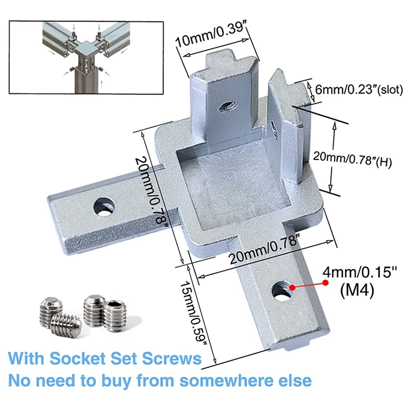 4Pc 2020 Series 3 Way End Corner Bracket Connector For European Standard 6Mm T Slot 20 X 20Mm Aluminum Extrusion Profile