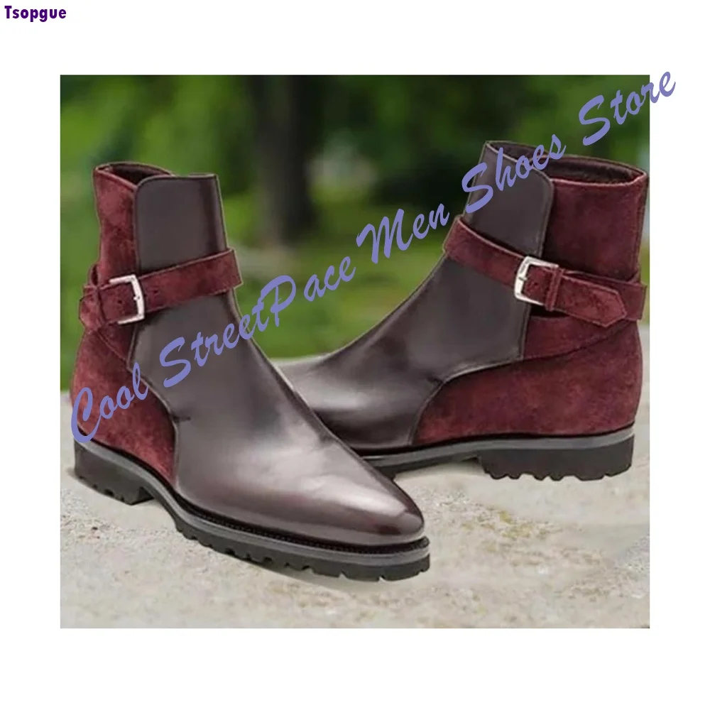 Suede Patch Polished Leather Monk Strap Chelsea Ankle Boots Handmade Pointed Toe Lug Sole Formal Casual Business Dress Footwear