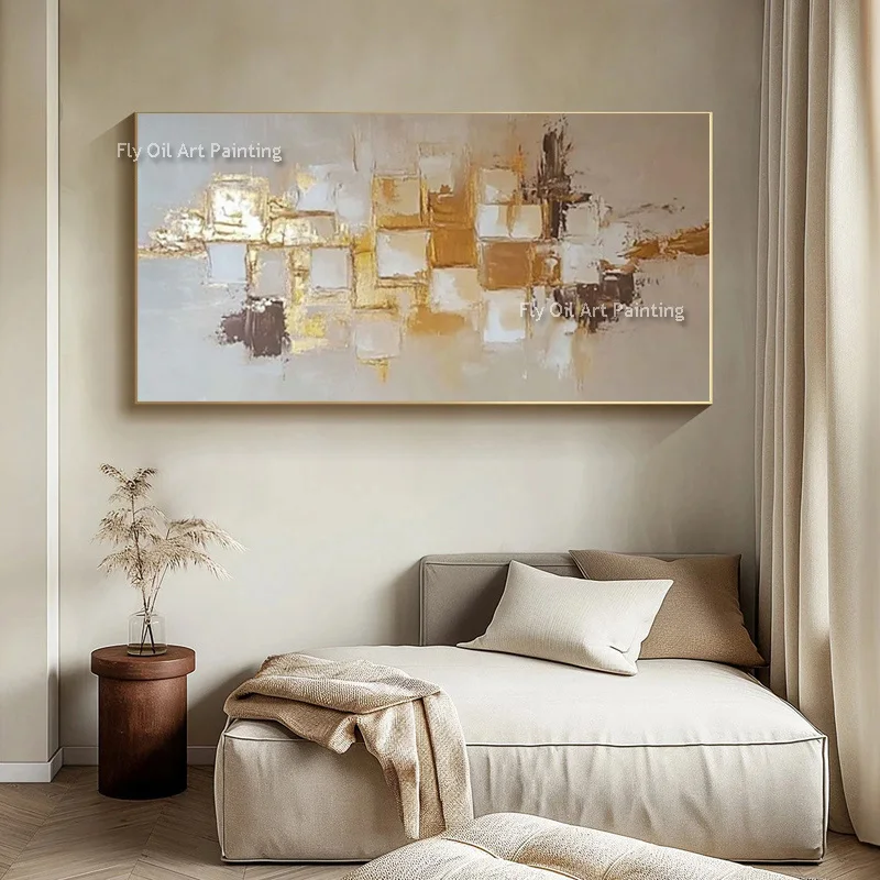 Handmade Canvas Wall Art Geometric Block Impasto Oil Painting Gold Accent Neutral Tone Large Wall Decor For Living Room Bedroom
