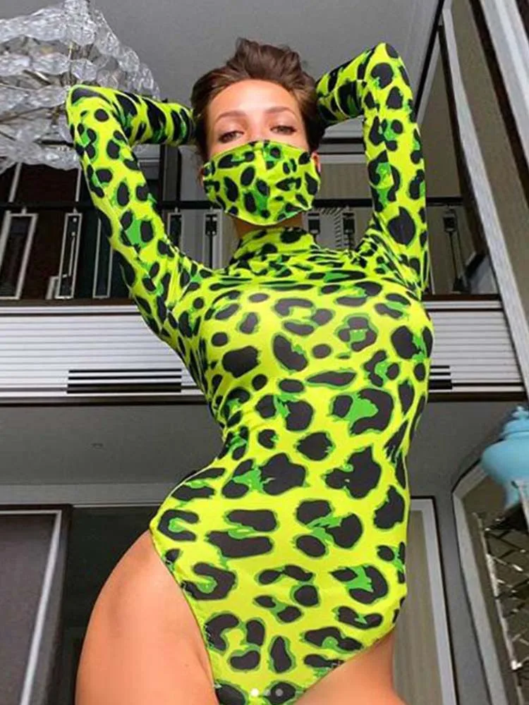 Women Long Sleeve Leopard Skin Prinetd Bodysuit Sexy Neon Green Streetwear Jumpsuit Skinny Leopard Tops Fashion Rompers